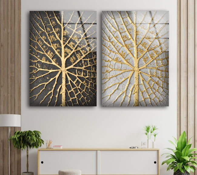 2 Pieces Golden Tree Tempered Glass Wall Art