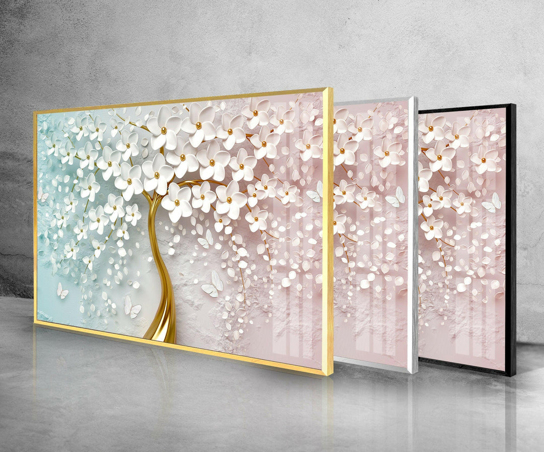 Golden Tree-White Flowers Glass Wall Art, Glass Printing Wall Art, Print photos on glass