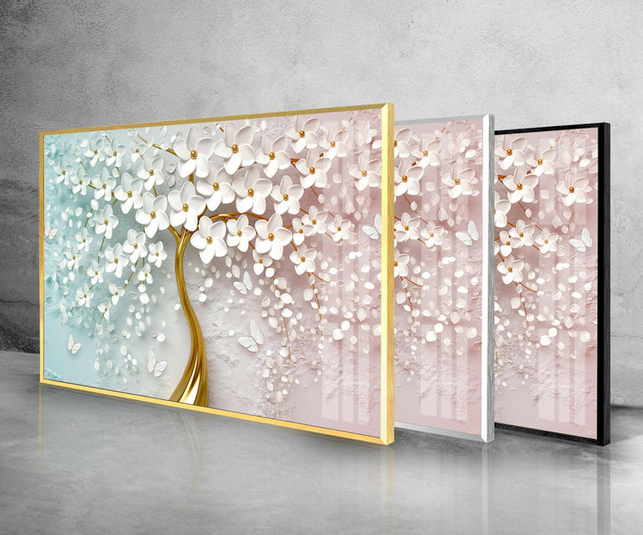Golden Tree-White Flowers Glass Wall Art, Glass Printing Wall Art, Print photos on glass