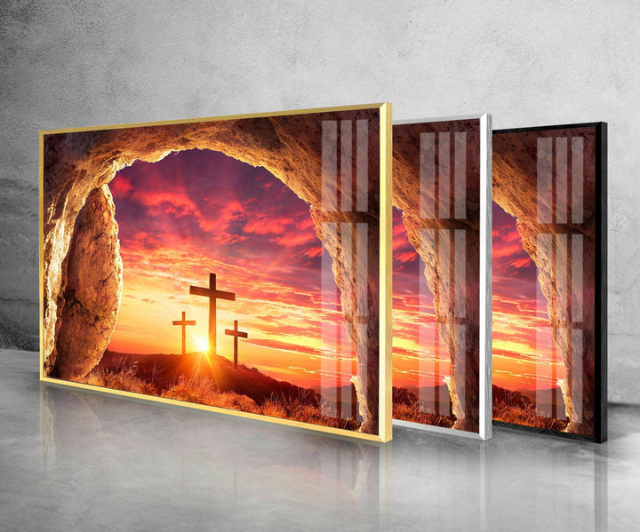 Christliches Kreuz mit Sonnenuntergangs-Glaswandkunst