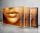 Gold Lips Black Woman Tempered Glass Wall Art