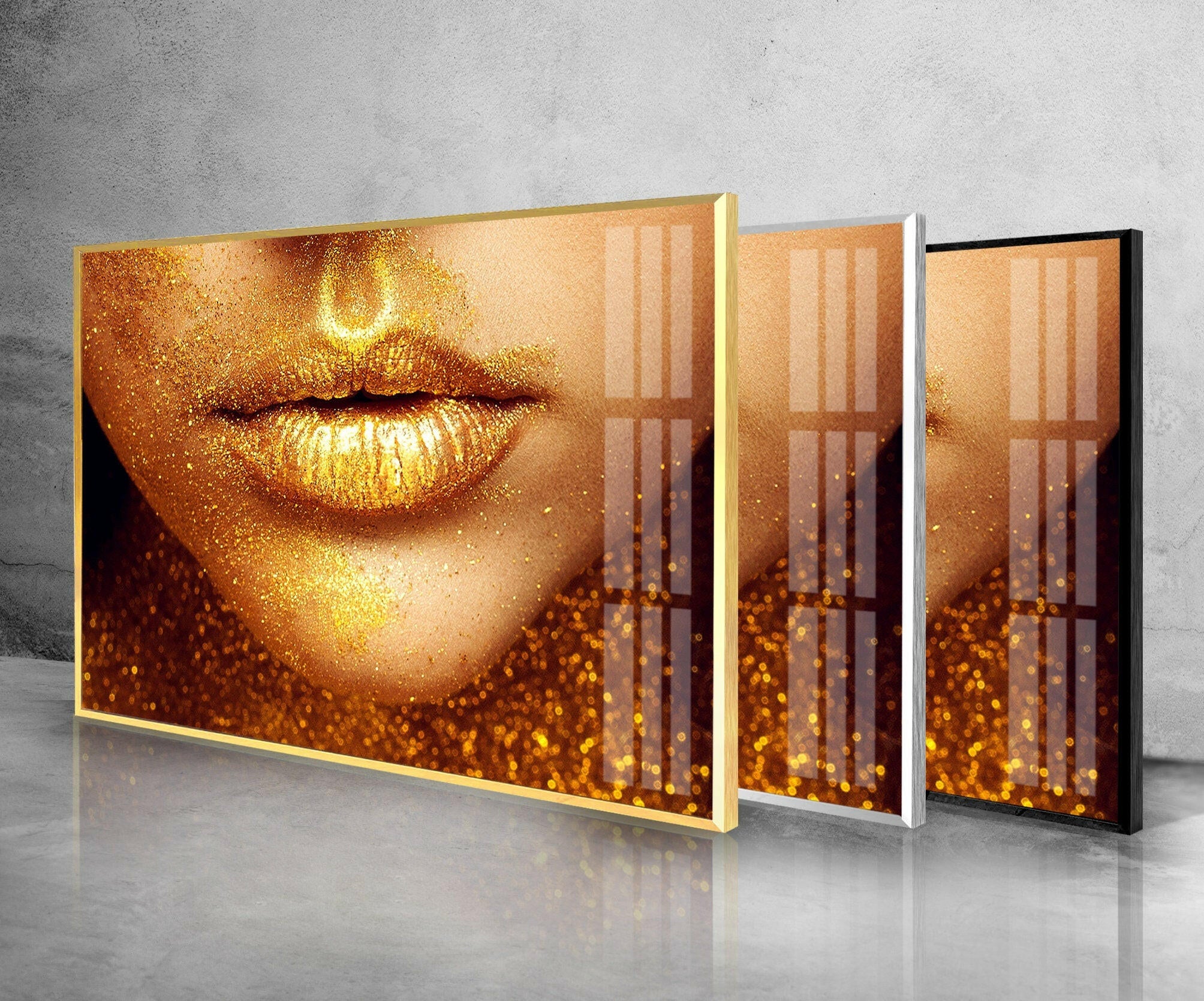 Gold Lips Black Woman Tempered Glass Wall Art