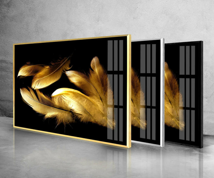 Gold Feathers with Black background Framed Glass Wall Art