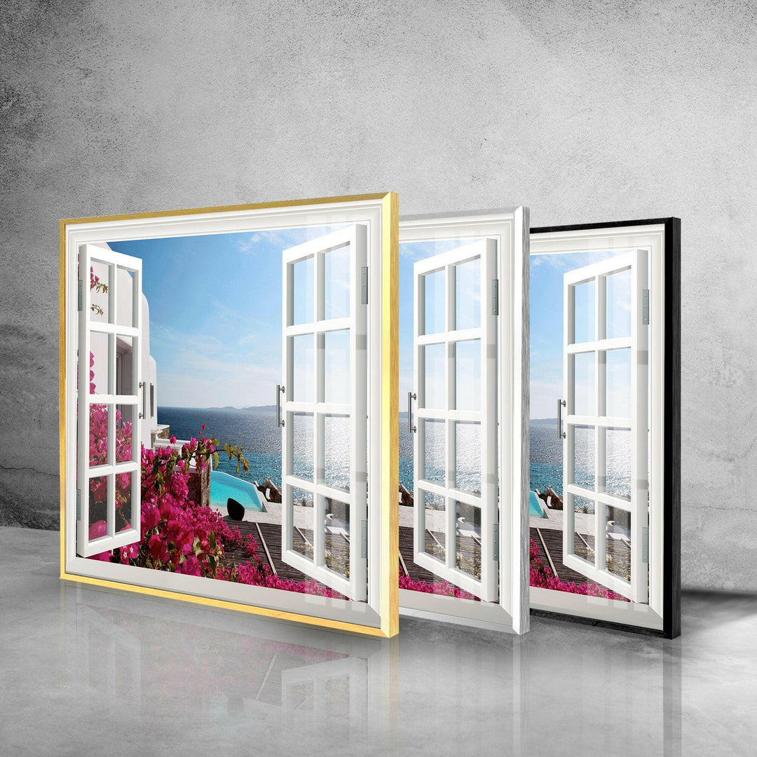 Glass wall art presenting a picturesque escape to the Greek islands from your home.






