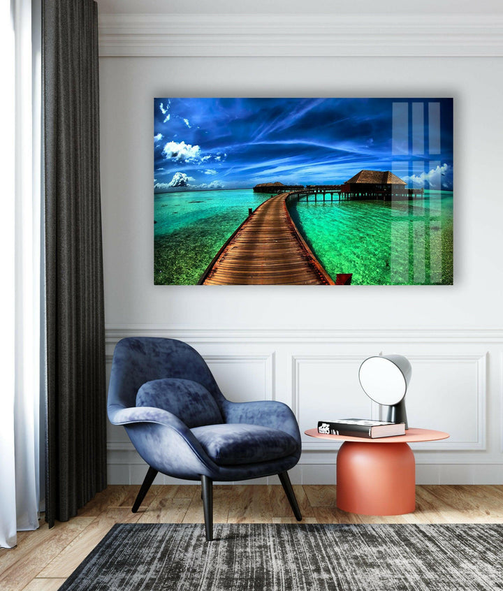 Wooden Walkway to Paradise – A Vibrant Tropical Scene on Glass Wall Art

