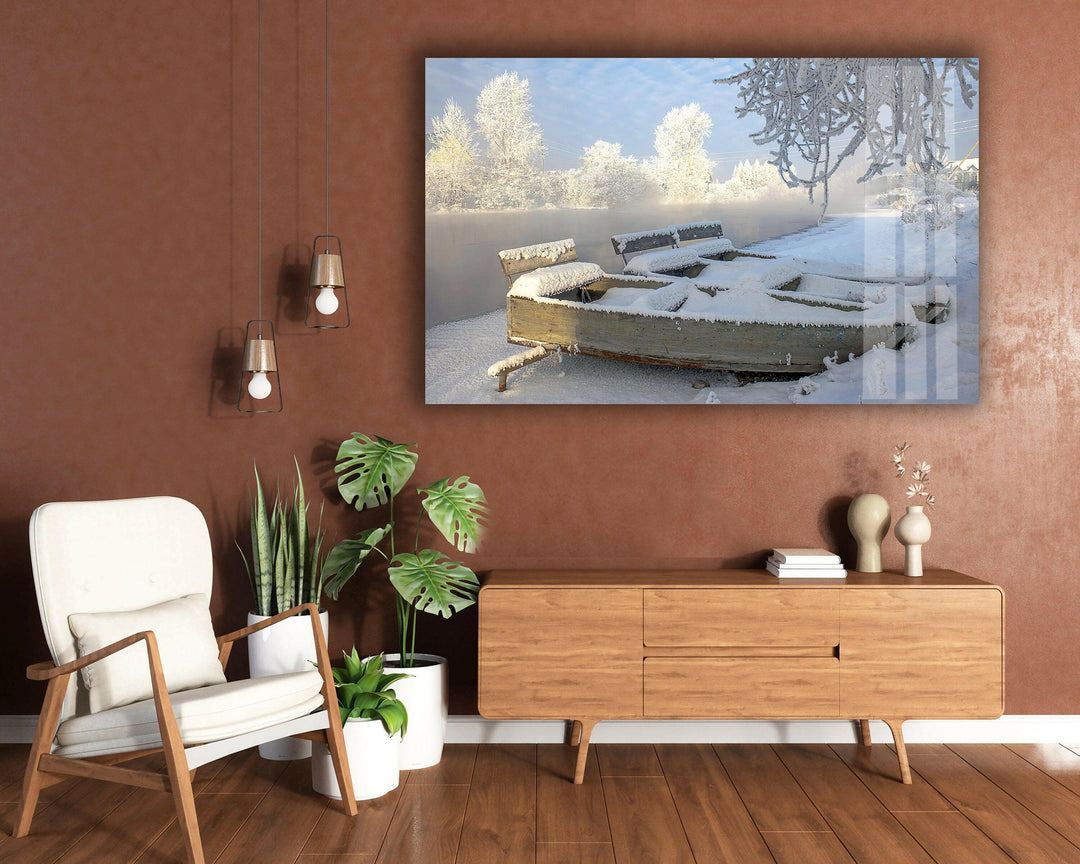 High-definition glass wall art showcasing a tranquil snowy landscape with rustic charm.
