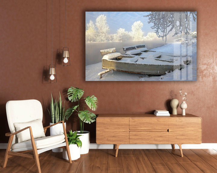 High-definition glass wall art showcasing a tranquil snowy landscape with rustic charm.
