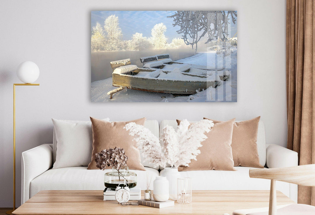 Elegant home decor featuring a snow-dusted wooden structure in a quiet winter setting.
