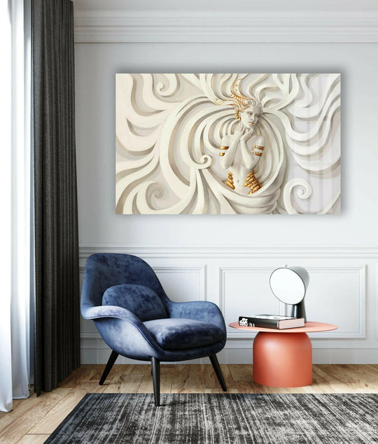 Gold Venus portrait glass wall art showcases intricate layers of sculpted waves creating a dynamic sense of depth and home decor.
