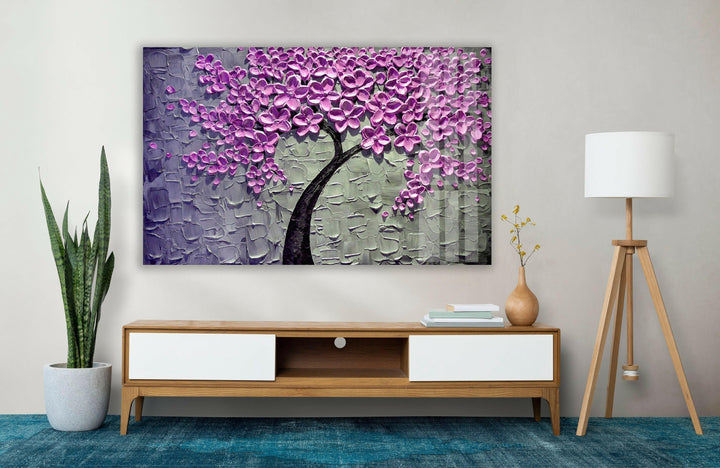 Flower Tree Oil Painting Glass Wall Art, custom glass pictures, glass art prints