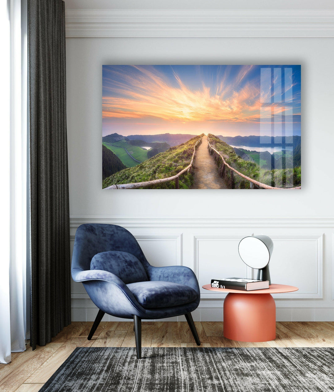 Elevated scenic view of a mountain pathway bathed in golden sunlight.
