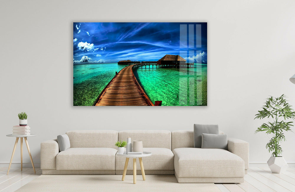 Serene Boardwalk Over Crystal Waters – A Stunning Coastal Scene on Glass Print
