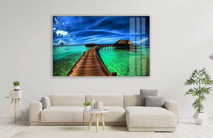 Serene Boardwalk Over Crystal Waters – A Stunning Coastal Scene on Glass Print
