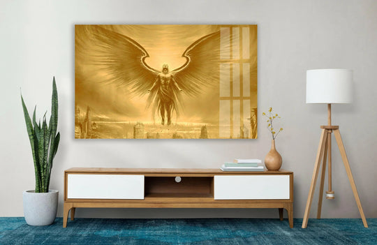 A radiant, golden glass wall art decor depicts an angelic figure soaring over a city with intense color saturation.