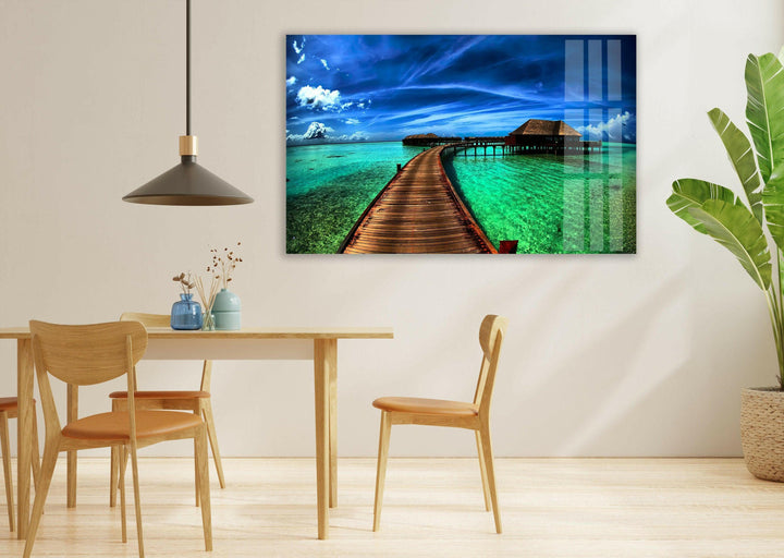 Luxurious Overwater Retreat – A Stunning High-Resolution Glass Wall Art
