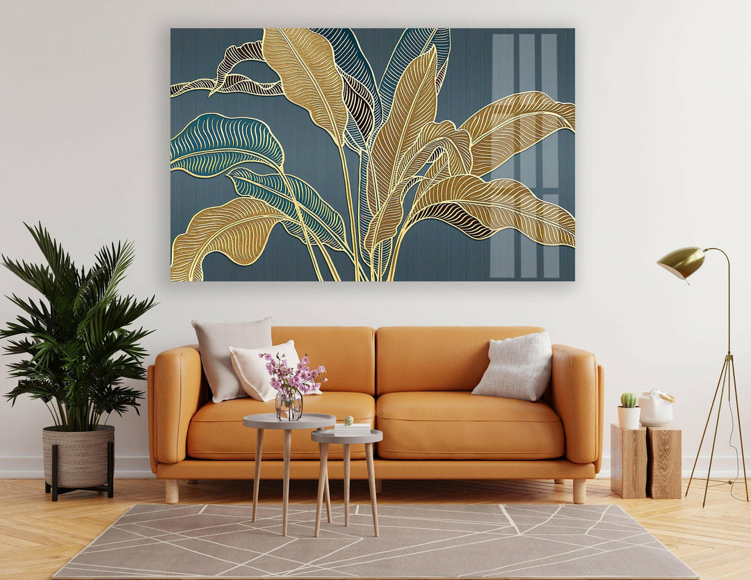 Golden Banana Leafs Glass Wall Art, glass photo prints, glass picture prints
