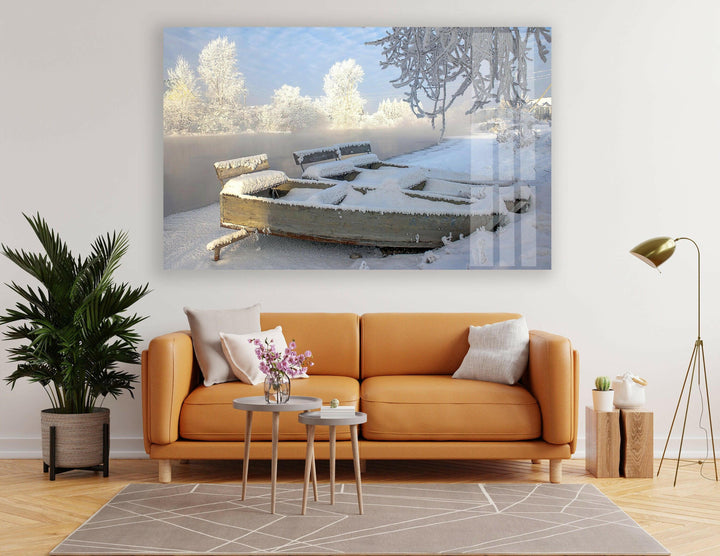 Peaceful winter wonderland with soft morning light reflecting on frosty surfaces.
