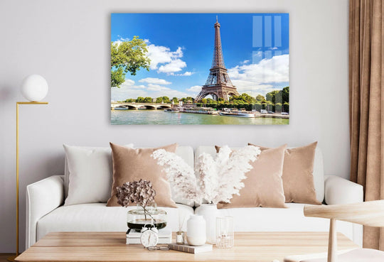 City Prints featuring the Eiffel Tower in Paris France and a glossy glass wall art adding stunning decor for any living room with landscape style