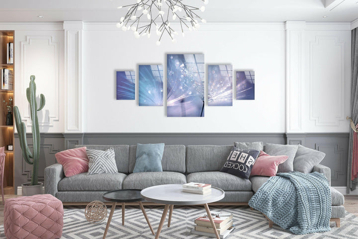 Blue Dew Drops On Dandelion Flowers Glass Wall Art, print on glass, glass printed photos