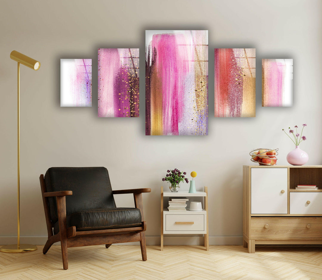 Pink, Gold Brush Strokes Glass Wall Art, custom glass pictures, glass art prints