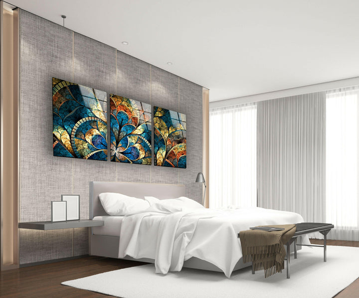 Blue Stained Floral Glass Wall Art, picture on glass wall art, photos printed on glass