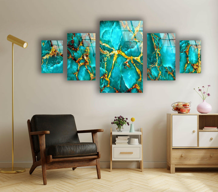 Turquoise With Gold Veins Marbling Glass Wall Art, custom glass pictures, glass art prints