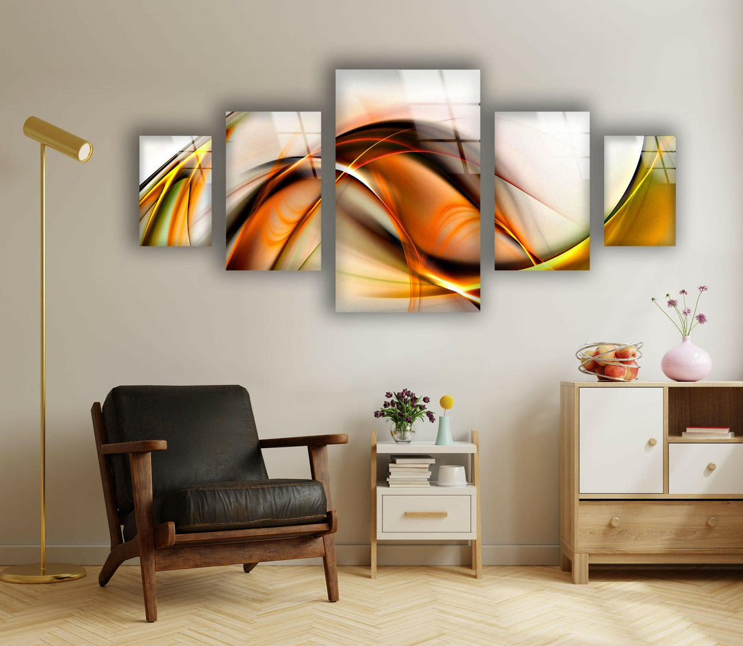 Yellow, Orange Wavy Motif Abstract Glass Wall Art, glass photo prints, glass picture prints