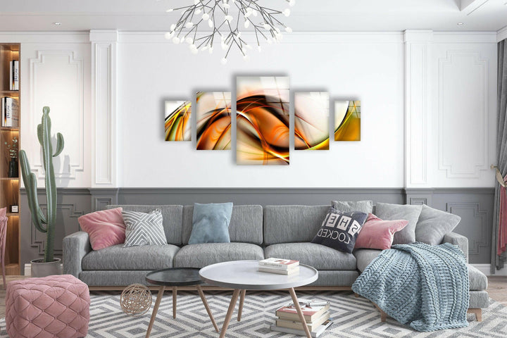 Yellow, Orange Wavy Motif Abstract Glass Wall Art, photo print on glass, prints on glass wall art