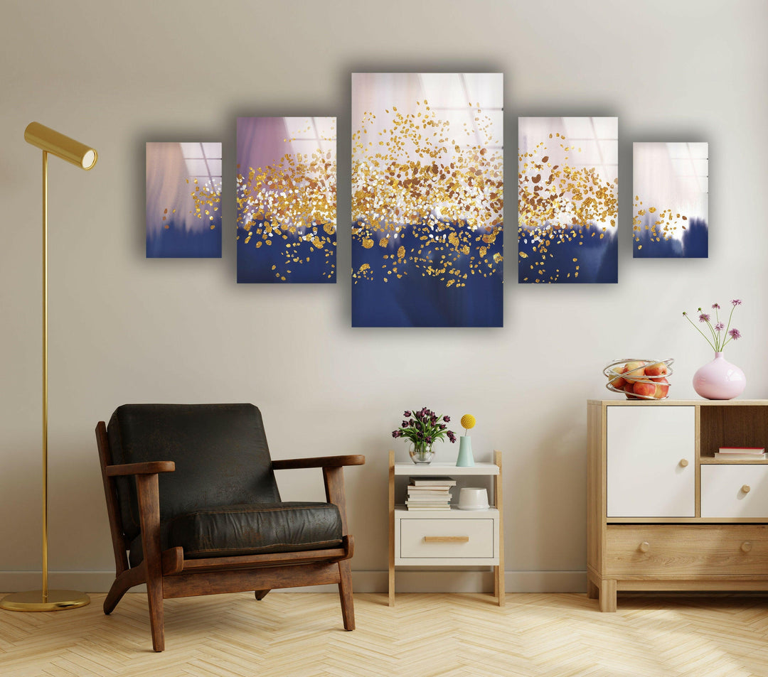 Gold Sparkles Blue Oil Painting Glass Wall Art, glass wall decor, glass wall art decor