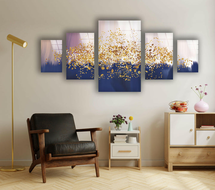 Gold Sparkles Blue Oil Painting Glass Wall Art, glass wall decor, glass wall art decor