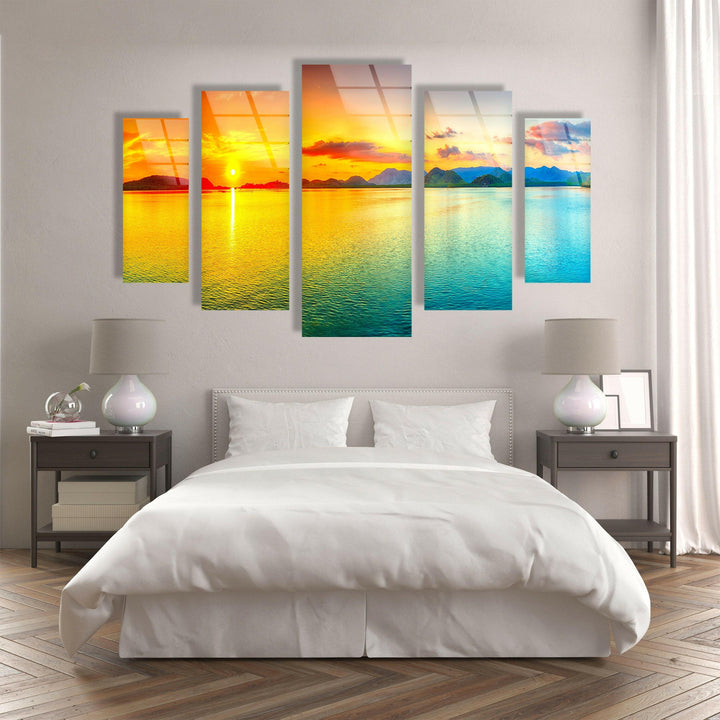 Yellow & Blue Sunset Seascape Glass Wall Art, custom glass pictures, glass art prints