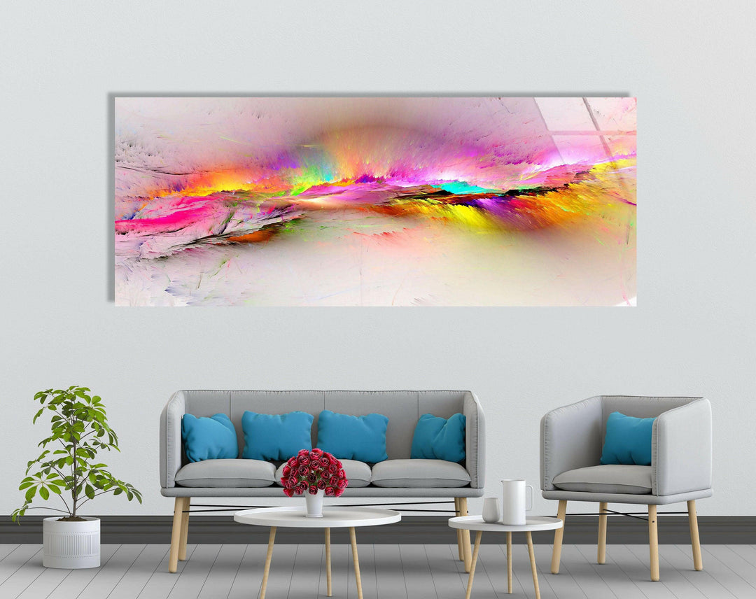 Vivid Pink, Yellow Clouds Abstract Glass Wall Art, glass art painting, glass art for the Wall
