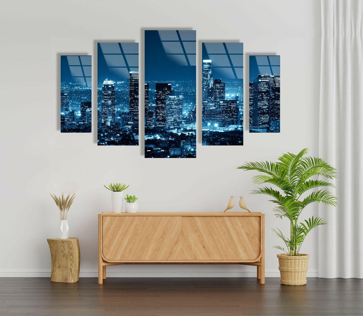 Los Angeles Night Cityscape Glass Wall Art, photo print on glass, prints on glass wall art
