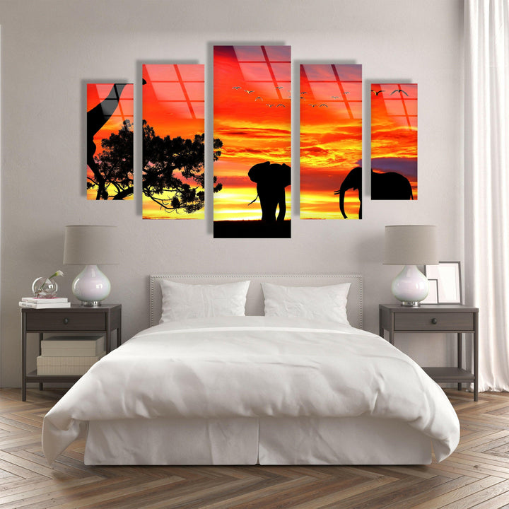 Giraffe & Elephants At Sunset Glass Wall Art, glass art painting, glass art for the Wall
