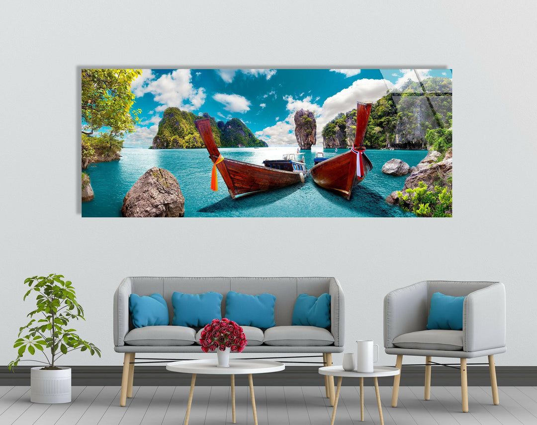 Phuket Island Boats Seascape Glass Wall Art, photo print on glass, prints on glass wall art