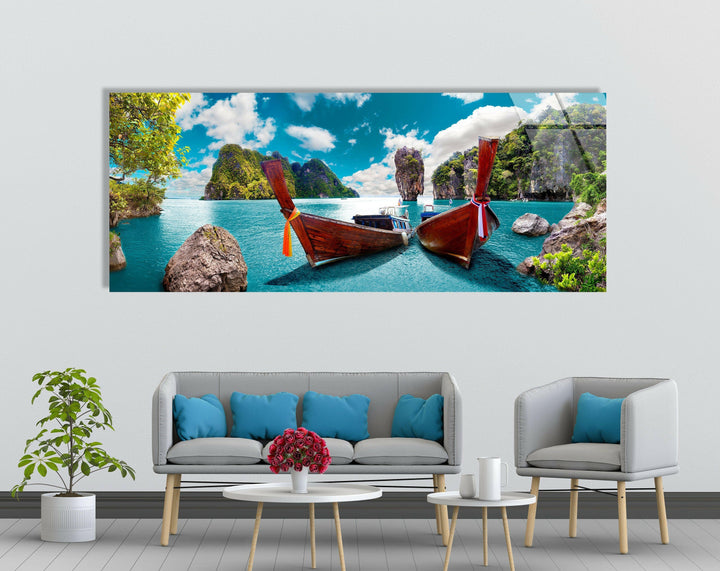 Phuket Island Boats Seascape Glass Wall Art, photo print on glass, prints on glass wall art