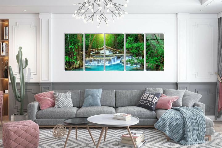 Thailand Turquoise Waterfall Landscape Glass Wall Art, glass art painting, glass art for the Wall