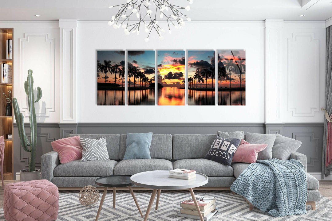 Paradise Beach Sunset, Tropical Palms Glass Wall Art, photo print on glass, prints on glass wall art