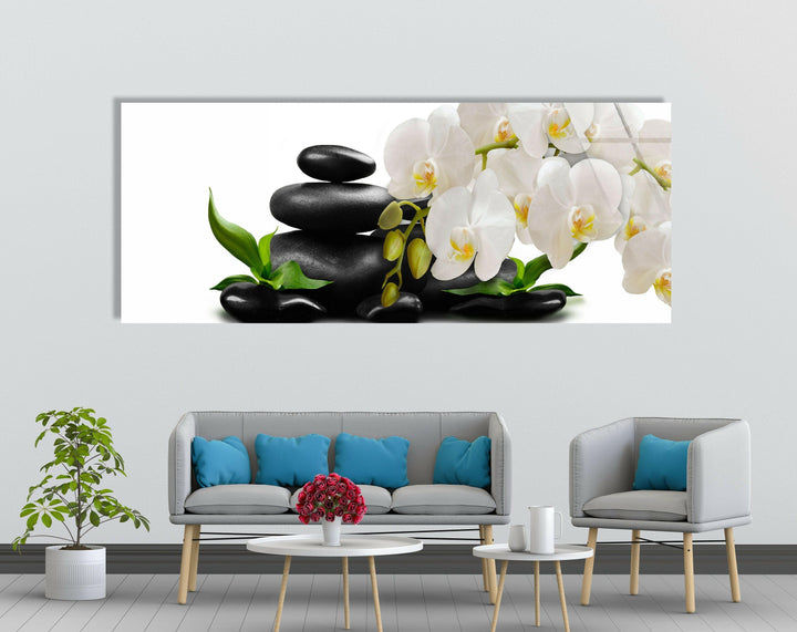 Orchid Flowers & Stones Glass Wall Art, glass wall decor, glass wall art decor