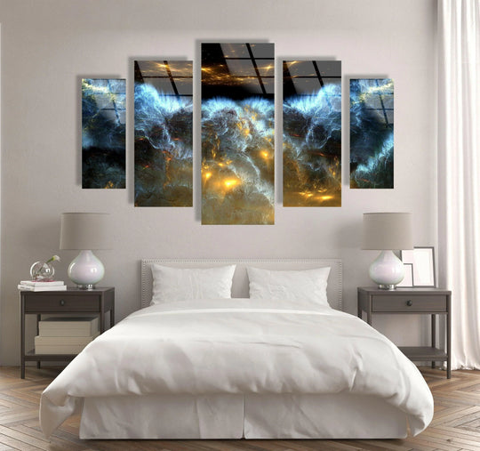 This five panel glass wall art features a yellow and blue abstract cloud design and offers cosmic elegance for any room as a space themed wall decor