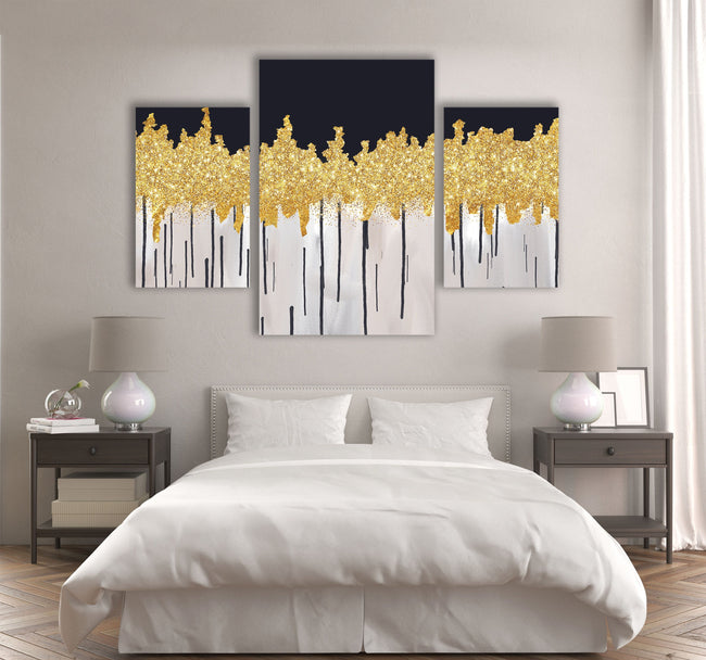 Gold Details Black White Abstract Tempered Glass Wall Art