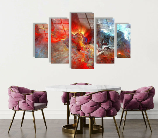 This abstract glass wall art features red cosmic clouds and a glossy finish and is a five piece modern wall decor artwork and a colorful home decor idea
