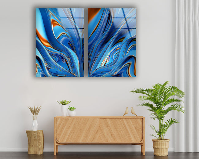 Set of Blue Abstract Tempered Glass Wall Art