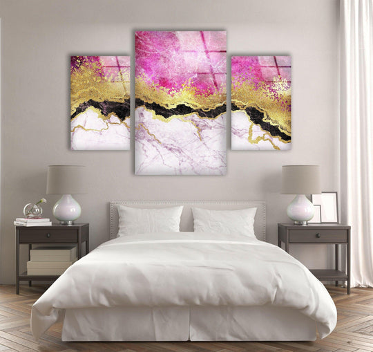 The abstract glass wall art features pink and gold marbling and is elegant abstract decor and modern wall art