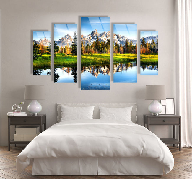 5 Piece Mountain View Nature Tempered Glass Wall Art