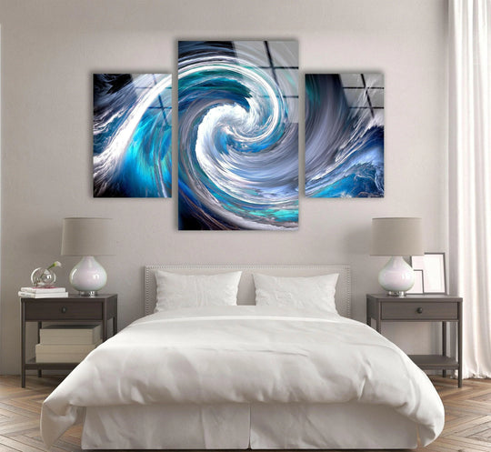 This fractal cloud glass wall art shows a blue and white spiral design and makes modern glass decor for three pieces wall art to elevate your home