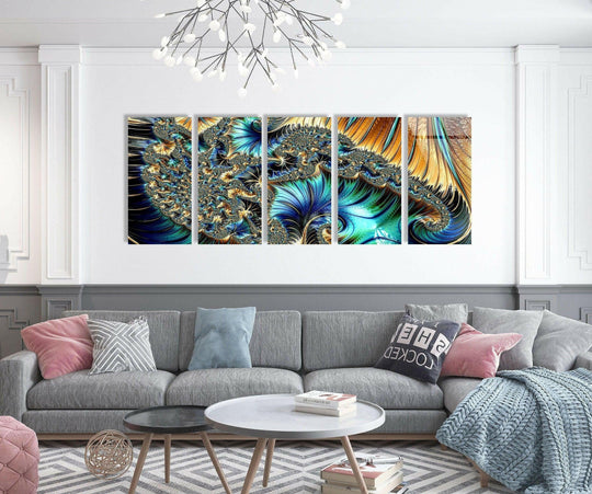The organic forms within this abstract glass wall art display an intricate dance of blue and golden fractals, lending an artistic touch to home decor.
