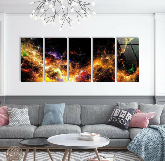 The abstract glass wall art shows yellow nebula clouds and colorful cosmic patterns and the 5 piece wall art enhances spaces with its fade resistant finish on a white wall