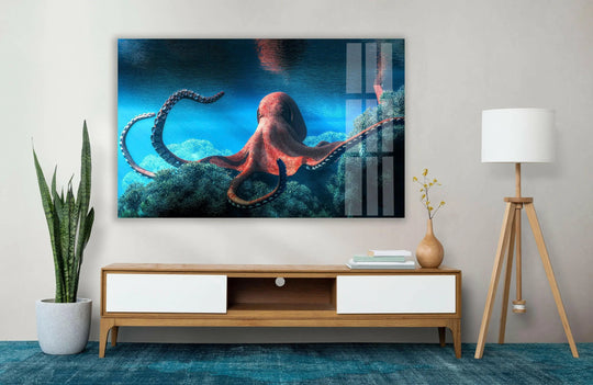 Octopus under water glass wall art prints with a sleek, reflective border, showcasing the vivid depths of the ocean.