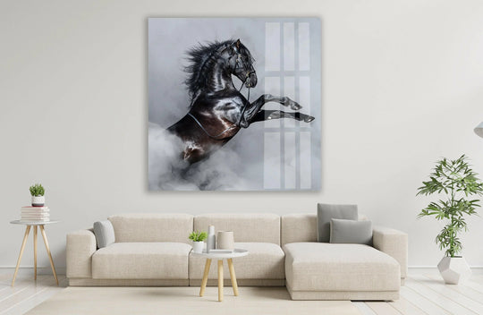 Animal glass wall art with a black rearing horse and imposing style plus wildlife art and majestic wall decor